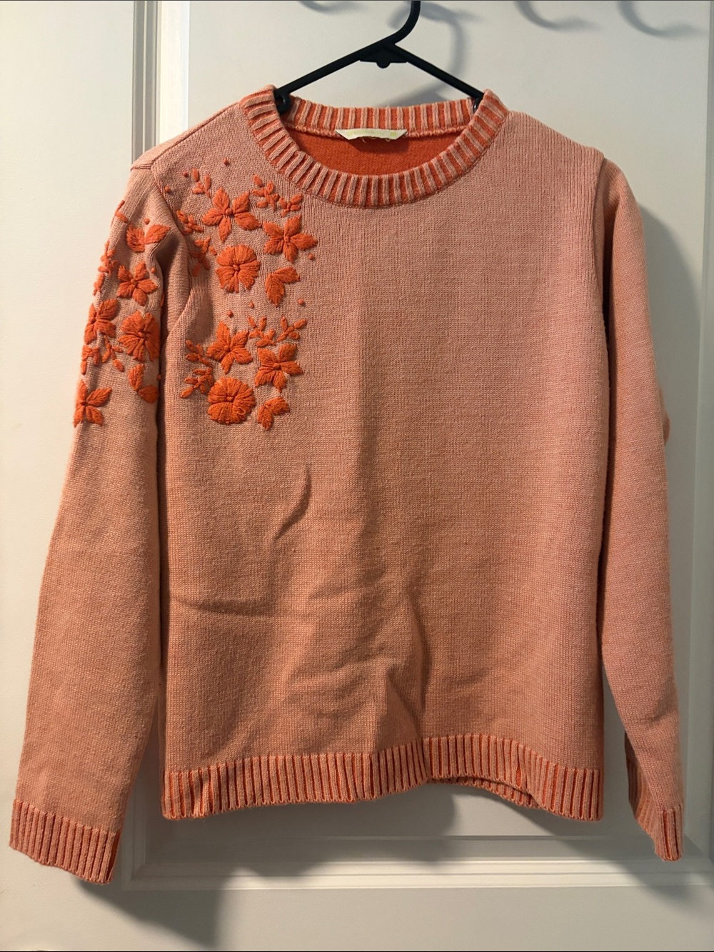 Embroidered Crewneck Sweater in Peach with Floral Appliqué